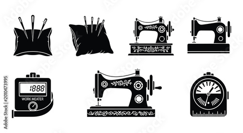 Bild auf Leinwand Sewing tools and equipment icons set black silhouette style