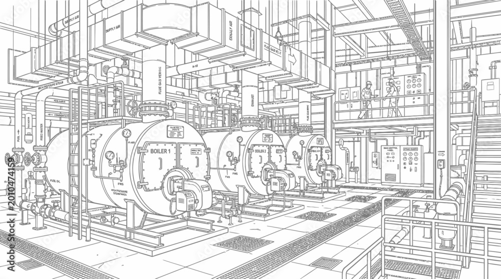 Fototapeta premium A detailed architectural sketch of a large industrial boiler room with multiple large cylindrical boilers and extensive piping and ventilation systems.