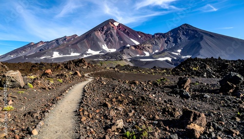 Mountain peak panorama with trail cutting through rocky, volcanic terrain