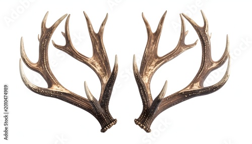 Pair of deer antlers, branched and brown, symmetrical, isolated on white
