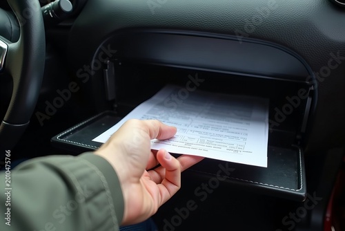 Close-Up of Hand Reaching into Black Glove Compartment for Car Registration Papers