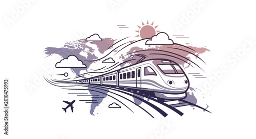 High-speed train traveling over an abstract world map with airplanes and clouds, representing global travel