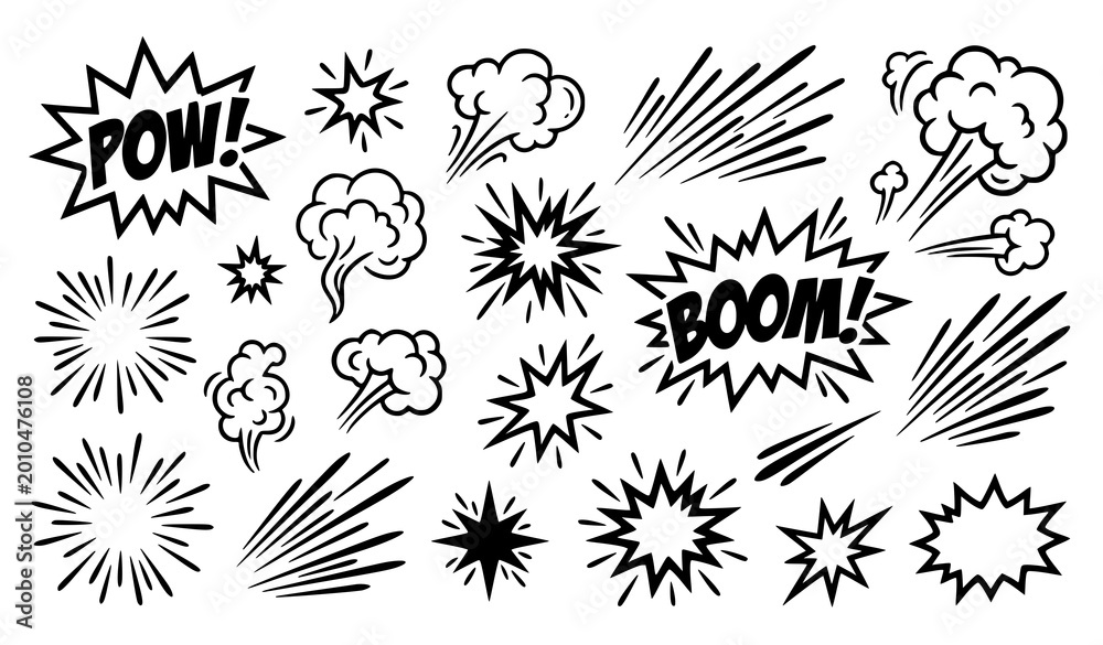 Fototapeta premium Comic explosion elements set with boom pow bang bursts smoke and speed lines black and white vector isolated on white