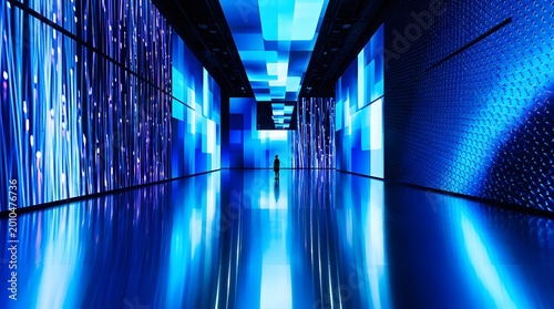 A lone person stands in a futuristic digital art installation, surrounded by vibrant blue and purple glowing LED screens creating an immersive tunnel with reflective floors and abstract patterns.