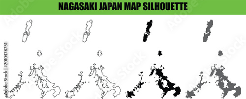Foto Nagasaki japan prefecture map silhouette as simple flat vector outline and dark black solid shape design elements set for cartography projects isolated on grid background