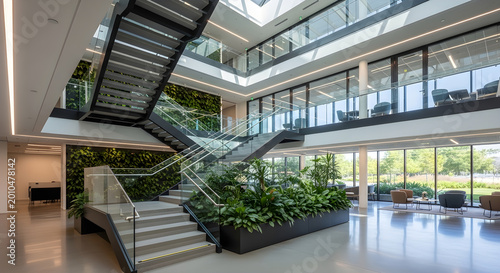 Modern office building interior with staircase and green plants
