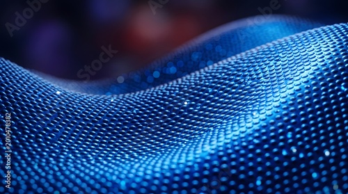 Abstract close-up of a textured wavy surface illuminated with vibrant blue light creating a modern and futuristic visual effect with shallow depth of field