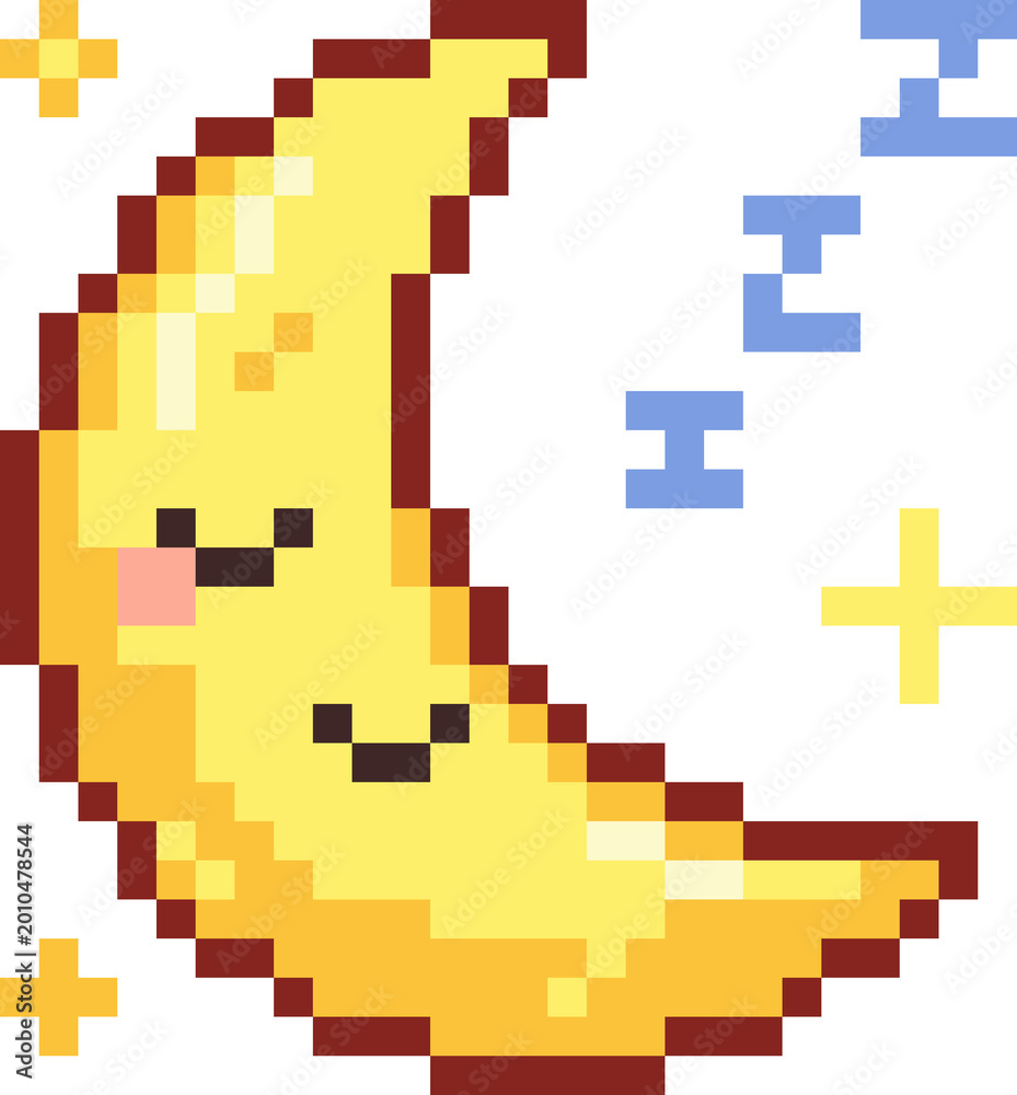Fototapeta premium Cute Pixel Moon Sleepy Face Kawaii Dream Night Moon Icon