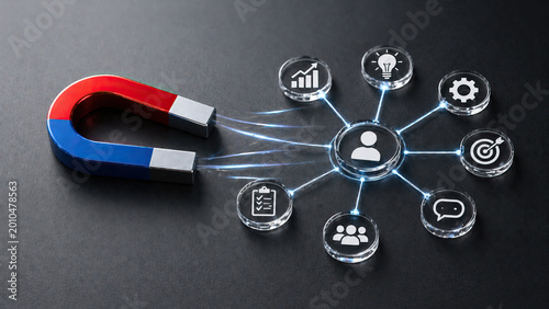 Magnet attraction business marketing strategy customer concept growth idea target red and blue magnet attracting icons representing business growth, ideas, teamwork, and target strategy dark