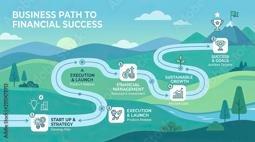Business path to financial success with startup strategy, execution, financial management, sustainable growth, and achieving goals on winding road through nature