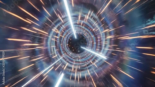 Abstract tunnel with bright light streaks moving through space at high speed