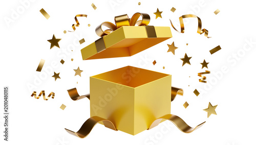 Foto Golden gift box with ribbon and confetti, isolated on transparent background