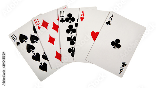 Foto Five playing cards including two Aces and three Tens, isolated on transparent ba