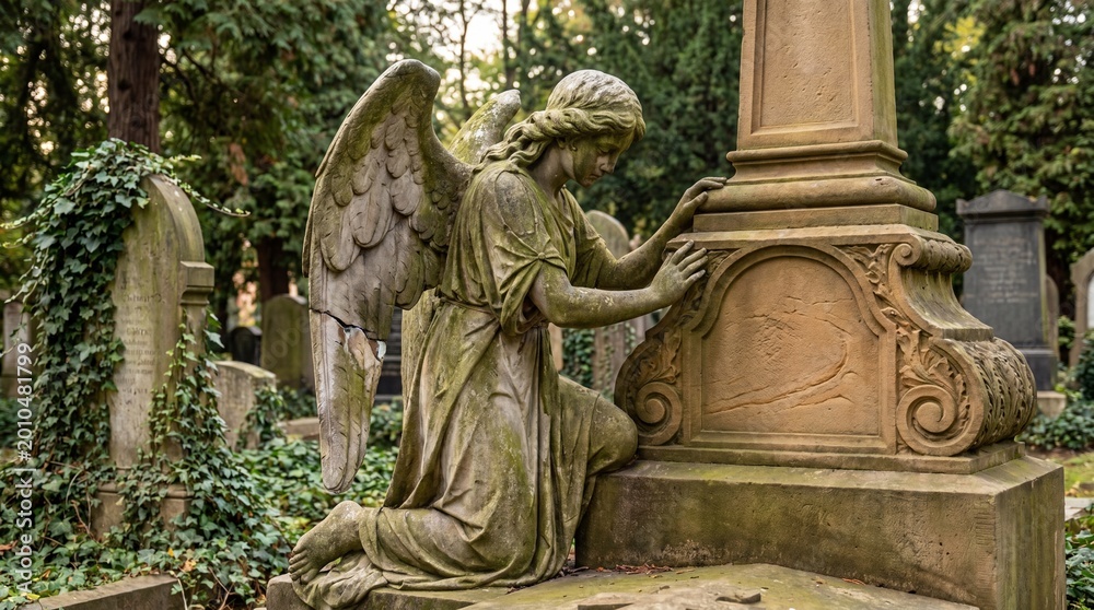 Naklejka premium Angel statue with broken wing kneeling by gravestone in cemetery 