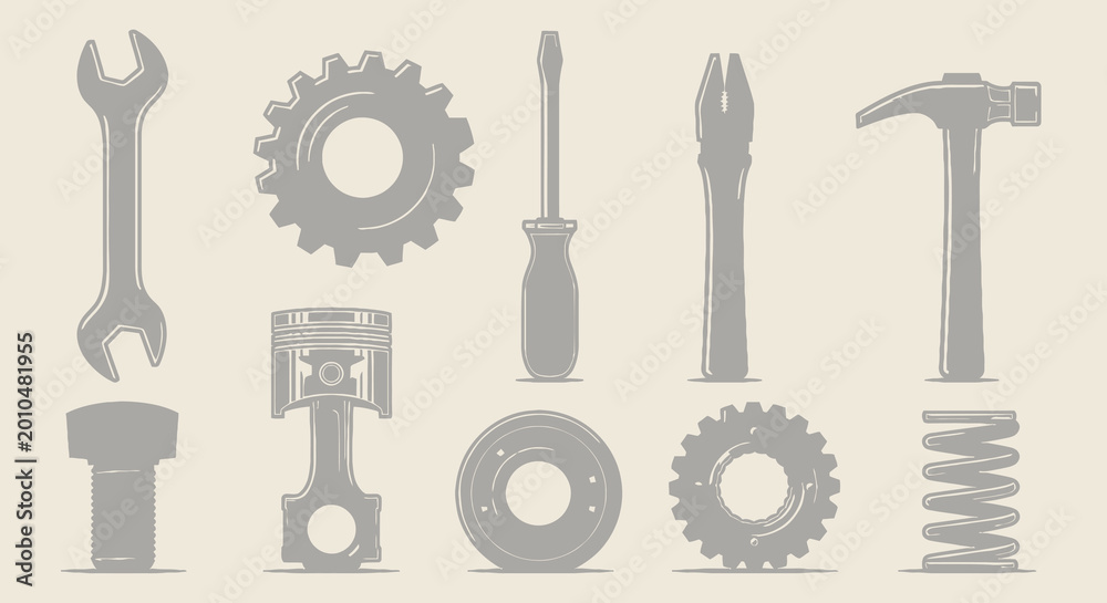 Fototapeta premium Industrial Hardware Mechanical Tools and Engine Components Vector