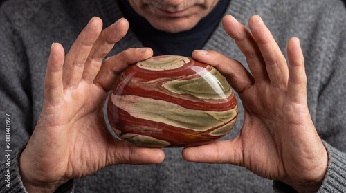 Man holding Chert jasper stone with detailed patterns in hands  