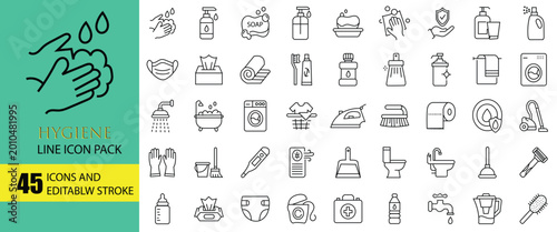 Cuadro en lienzo Hygiene line icon pack vector set for personal care and cleaning maintenance with editable stroke including laundry bathroom accessories medical protection hand washing and household objects