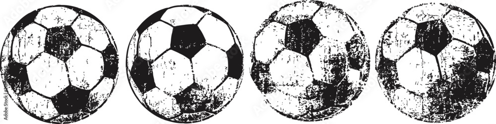 Obraz premium four vintage black and white distressed soccer balls in a row on transparent background
