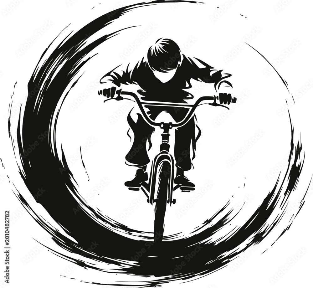 Fototapeta premium Boy riding bmx bike in dynamic circular brushstroke design, extreme sports and motion concept