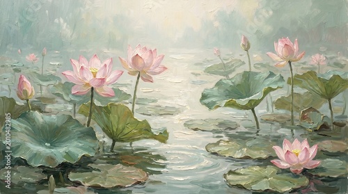 Impressionist oil painting of a tropical pond with blooming pink lotus flowers and green lily pads