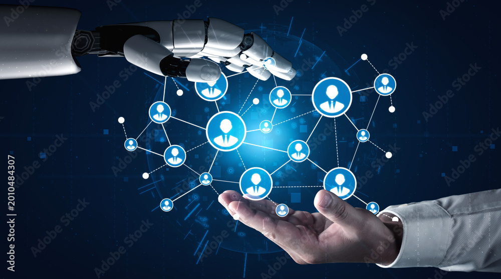 Obraz premium A captivating visual of a robotic hand reaching for a human hand, surrounded by a digital network interface, showcasing the potential of technology and collaboration. Tessel