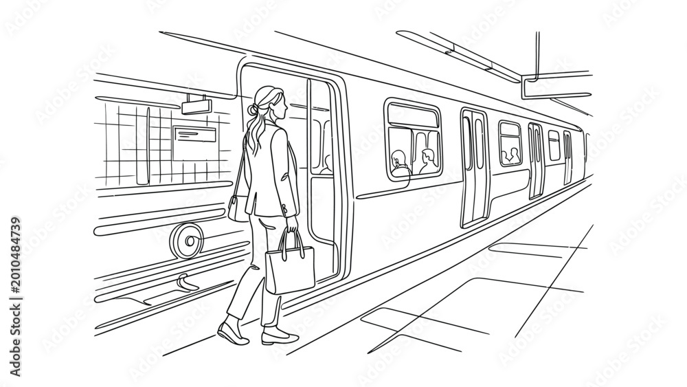 Fototapeta premium continuous line art A women stepping off a city train.