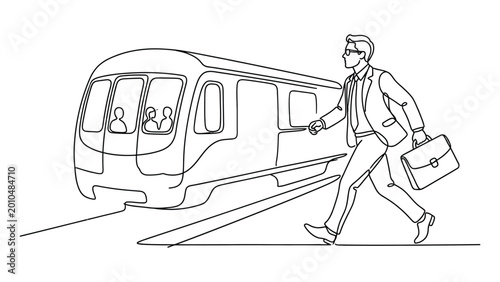 continuous line art Man in a suit boarding a train.