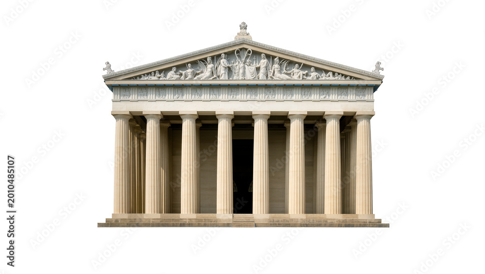 Fototapeta premium Ancient Greek temple with Doric columns and frieze sculptures, isolated on transparent background