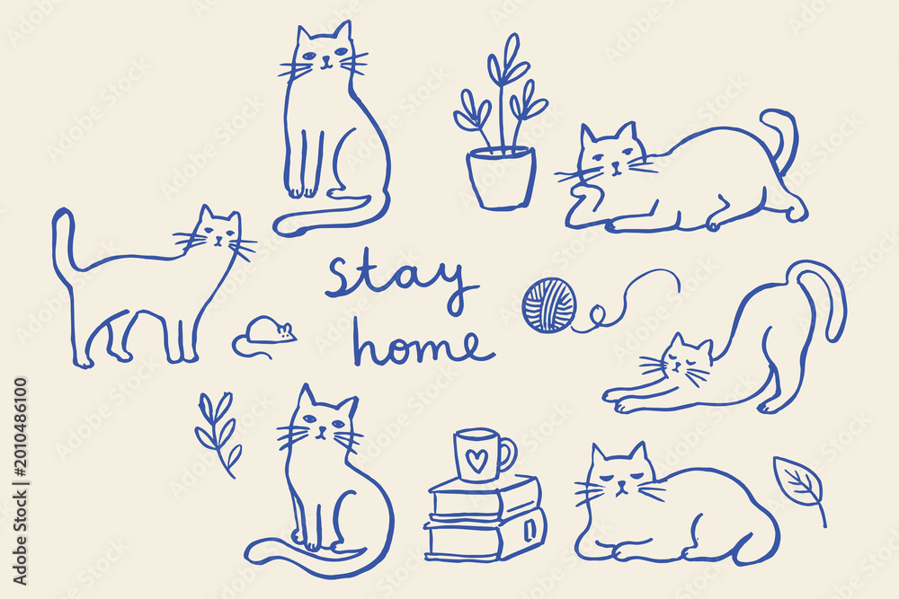Obraz premium Cats Stay Home Naive Blue Ink Sketch Set Vector
