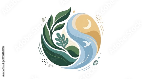 A circle composed of two halves, one representing nature with plants and the other representing the sky with a bird and a moon, symbolizing balance and harmony.