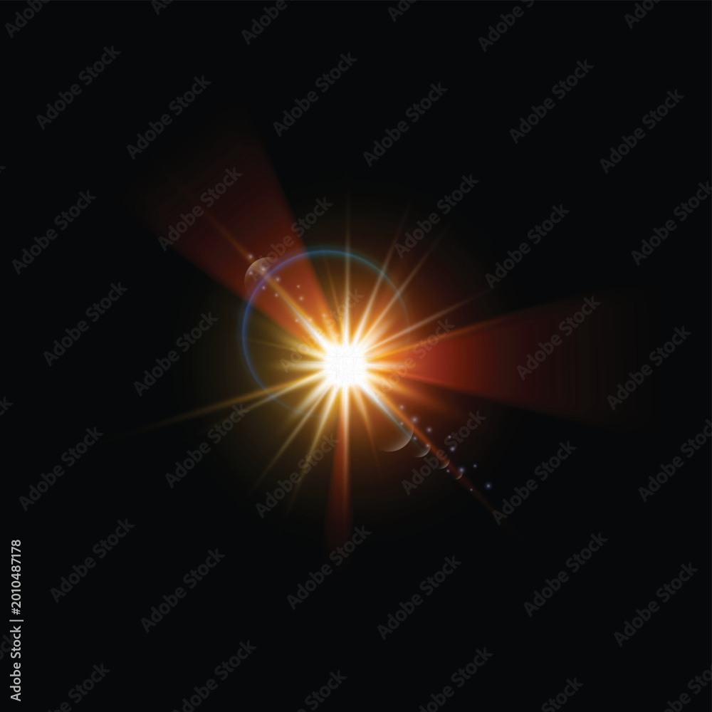 Fototapeta premium Abstract lens flare light effect on black background, vector transparent sunlight design, bright star burst.