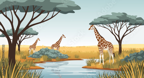 Photos A savanna landscape vector illustration with giraffes drinking water from a lake