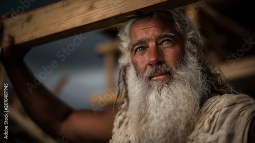 Biblical story, Noah directs the ark’s building with enduring faith, his aged strength steady as his sons labor and animals gather beneath a darkening sky that warns of coming judgment.
