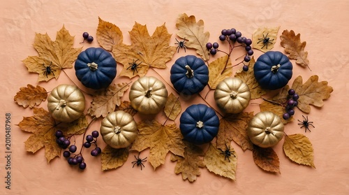 Autumnal still life with painted pumpkins and fallen leaves