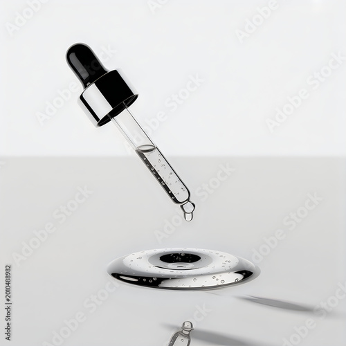 Clear liquid dripping from a glass dropper into a puddle on a white surface