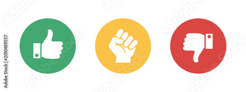 Fényképezés Three circular showing thumbs up thumbs down and a clenched fist approval disapp