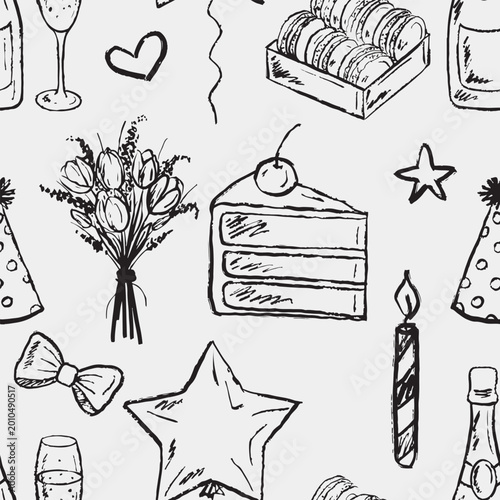 Festive pattern with birthday cake, flowers, and champagne. Hand drawn vector sketch illustration in vintage doodle crayon charcoal style. Ideal for party decor and holiday themes