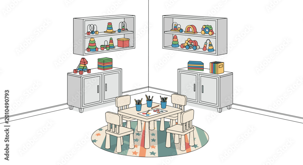 Fototapeta premium Vibrant children's playroom includes wall shelves with wooden toys, storage cabinets, and a central activity table with four small chairs.