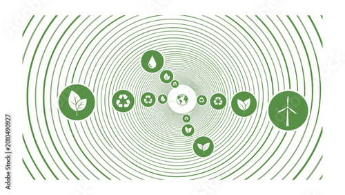 фотографія Eco-Friendly Spiral: A visually compelling graphic showcasing interconnected eco-friendly symbols, converging towards a central earth emblem, symbolizing global environmental unity and sustainability