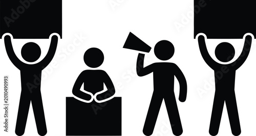 People holding protest signs with speaker icon