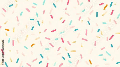 Cream colored surface covered in a festive pattern of multicolored confetti sprinkles
