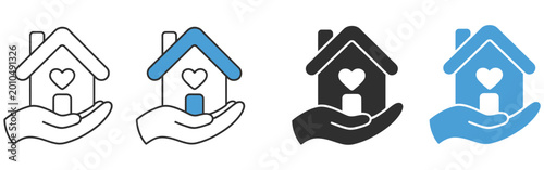 Hand and house with heart icon, community care and support symbol, real estate and charity concept, clean vector design elements for social services, housing programs, and nonprofit platforms.