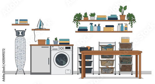 Modern laundry room setup features a front-load washing machine, ironing board, wooden shelves with folded towels, and a large folding table.