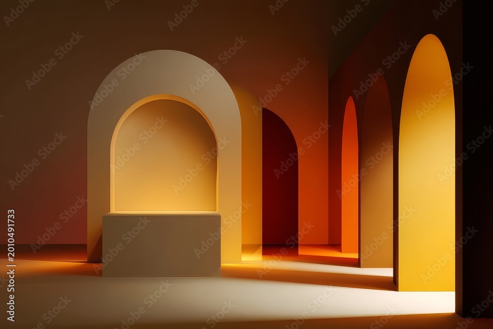 Fototapeta premium Product Display Scene With Layered Arches Depth Perspective and Cinematic Warm Lighting