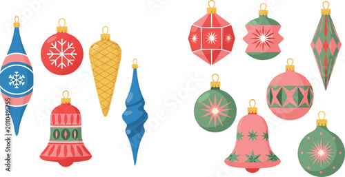 Collection of colorful vintage style Christmas tree ornaments and festive glass baubles for holiday greeting card and seasonal decoration design