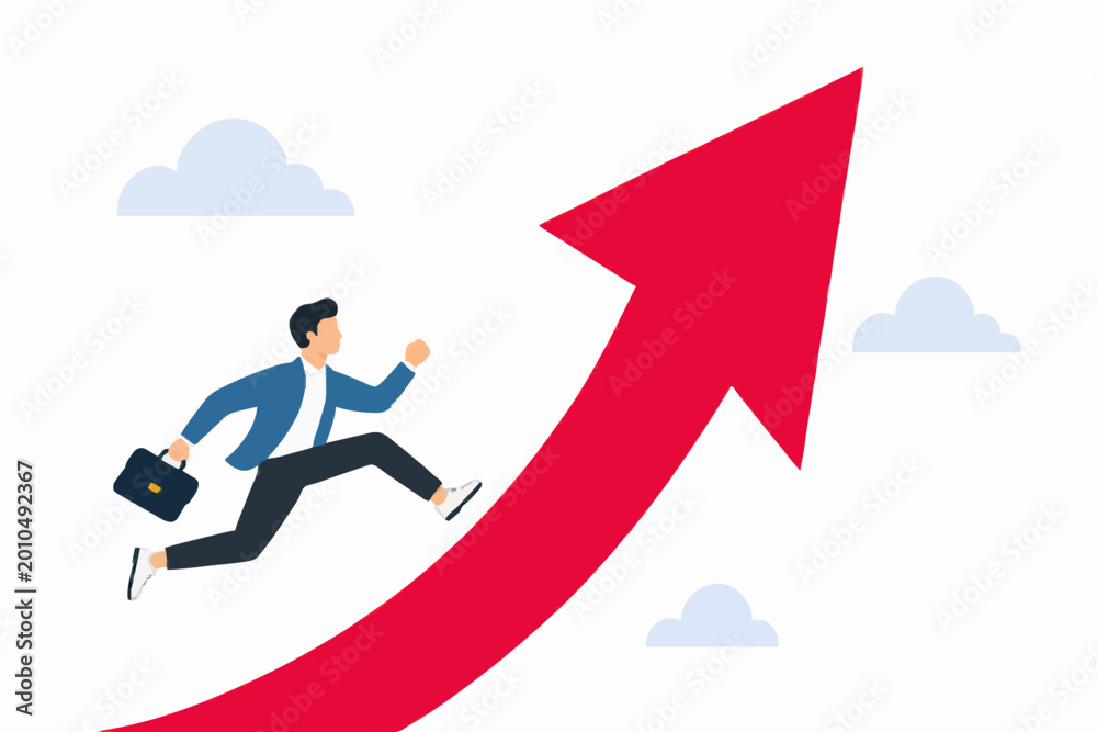 Obraz premium Businessman wearing blue jacket running up rising red arrow for corporate success.