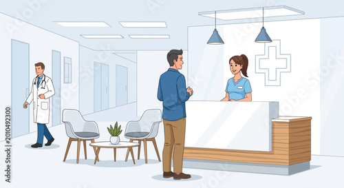 Doctor's office reception: patient talking to nurse, doctor walking by