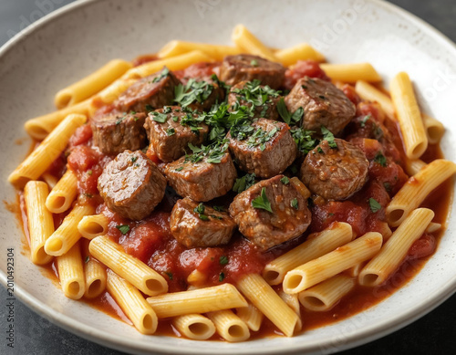 Spaghetti with ground beef in rich tomato sauce and fresh basil – top view