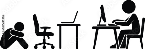 Foto Black and white icon showing person working at desk progression