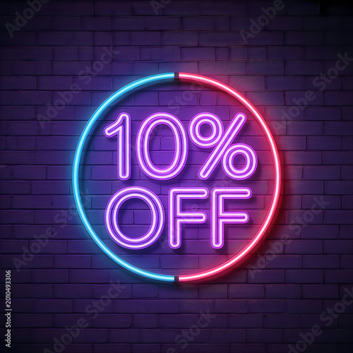 Vibrant neon sign with 10 percent off text on a dark brick wall for retail sale